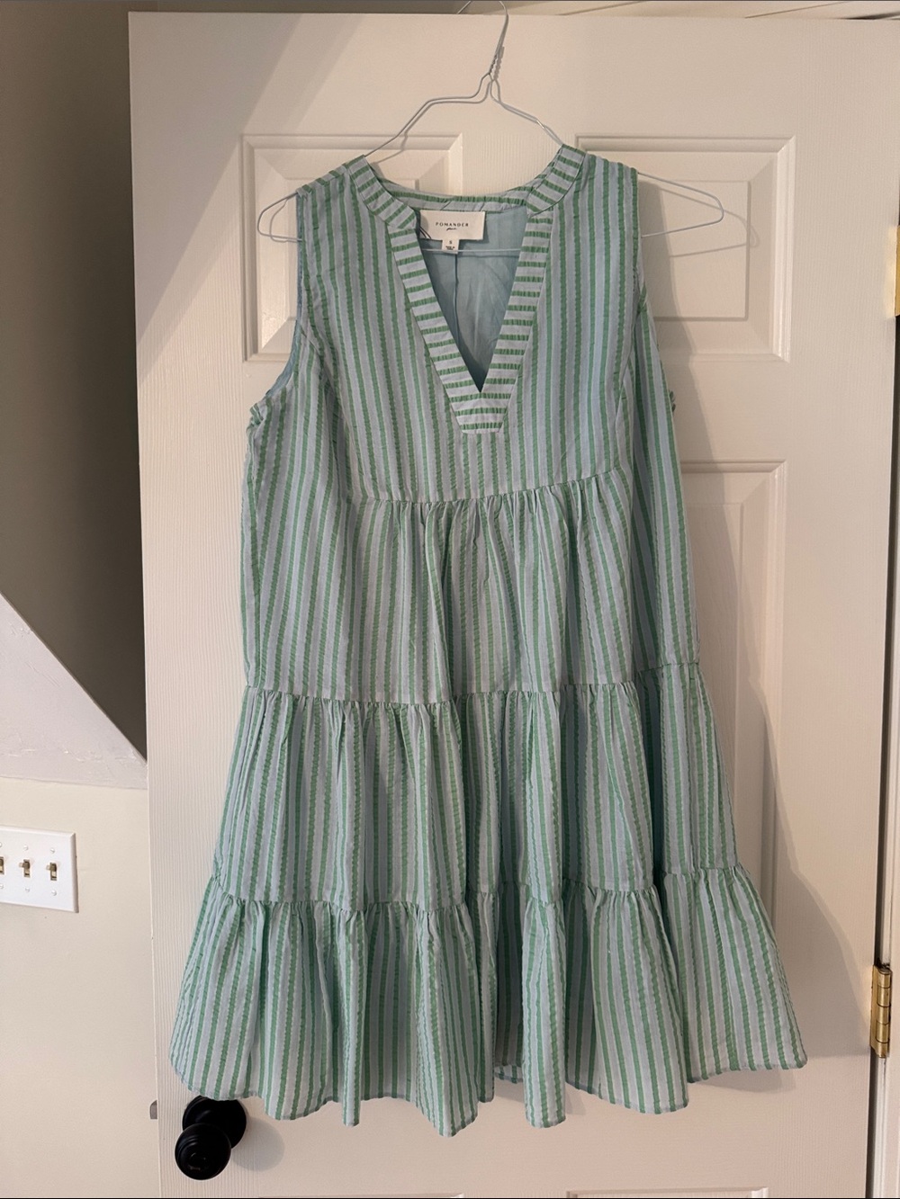 Pomander Place Green and White Striped Tiered Mini Dress